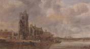 unknow artist A river landscape with flgures unloading boats before a church